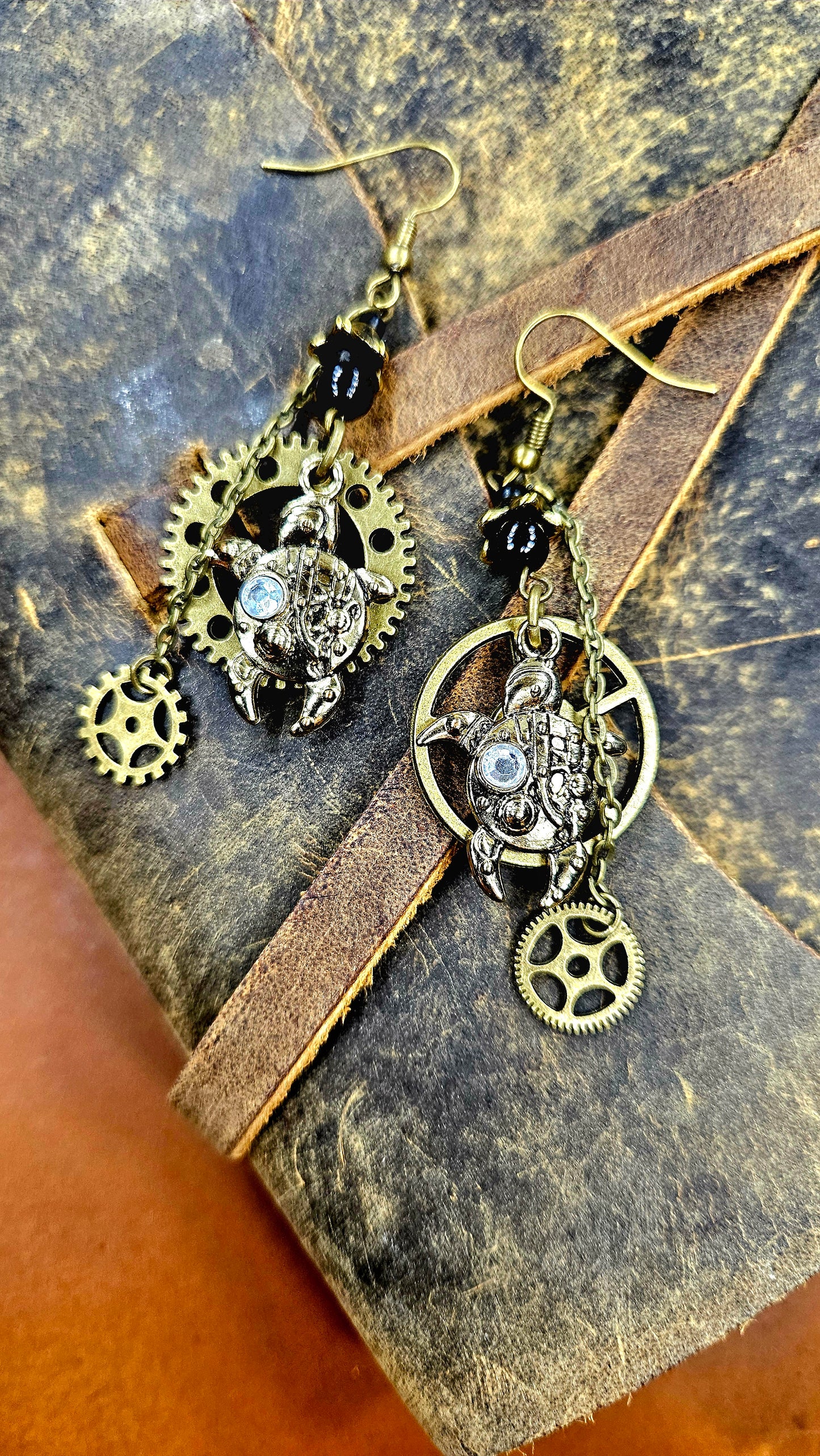 Strapping Steampunk Brass Turtles, Cogwheels & Chains Dangle Earrings