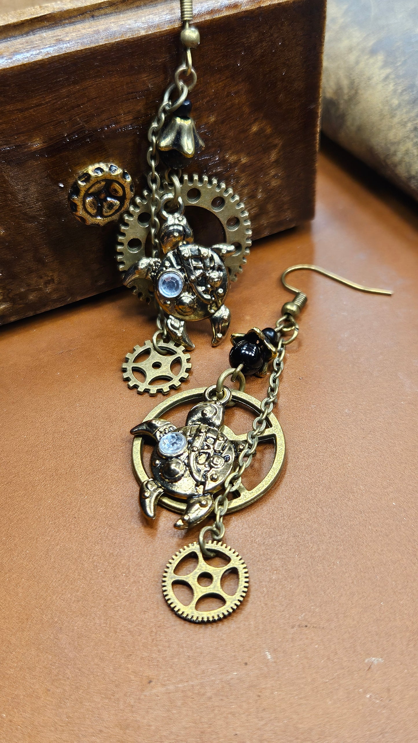 Strapping Steampunk Brass Turtles, Cogwheels & Chains Dangle Earrings