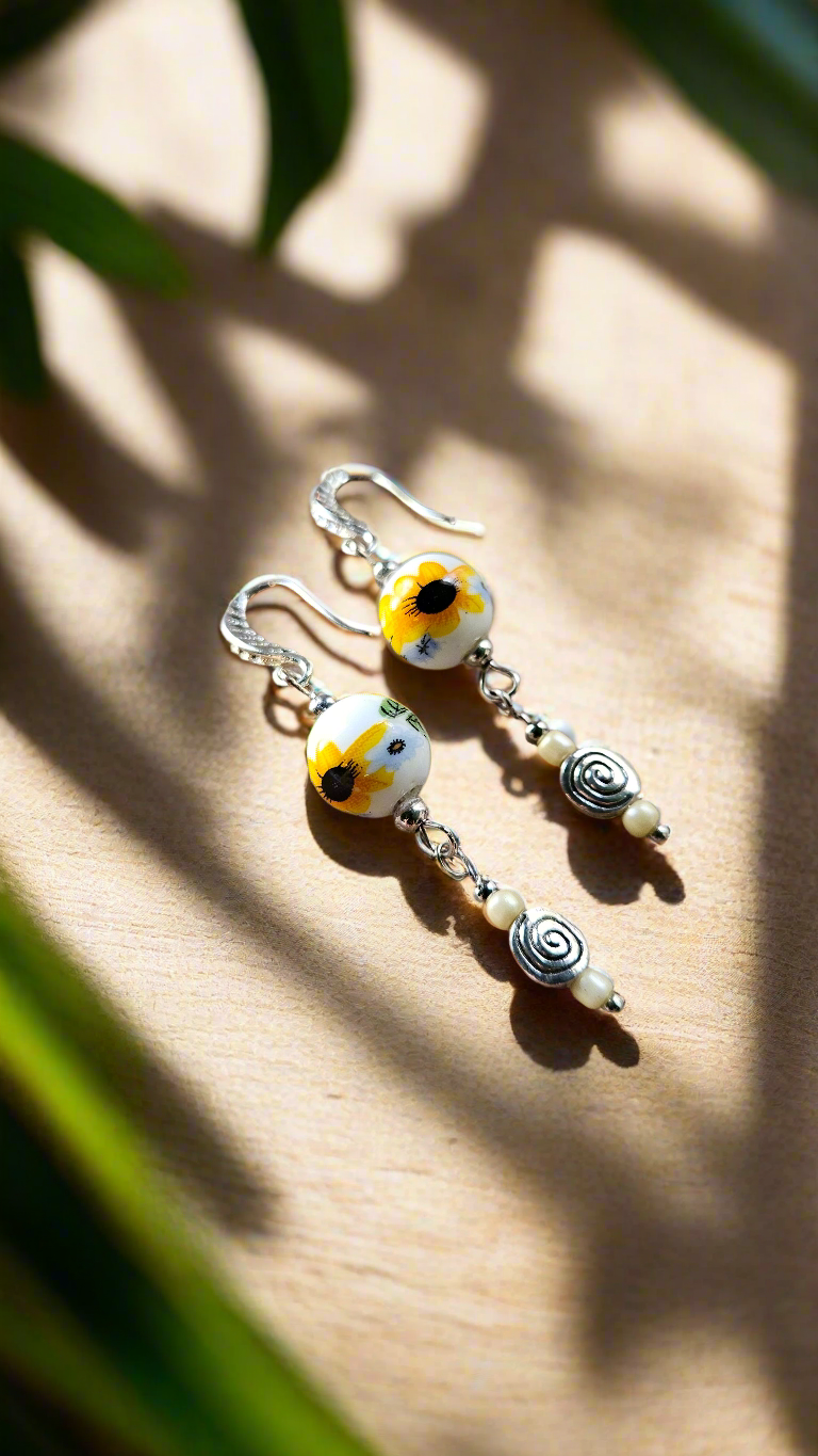 Sweet Sunflowers & Silver Swirls Dangle Earrings