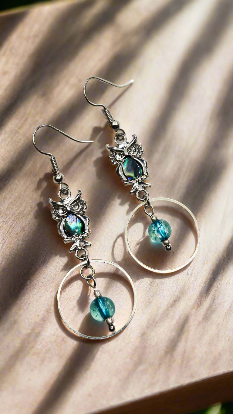 Abalone Owl Earrings with Silver Hoops and Crushed Blue Glass Dangles - 3"