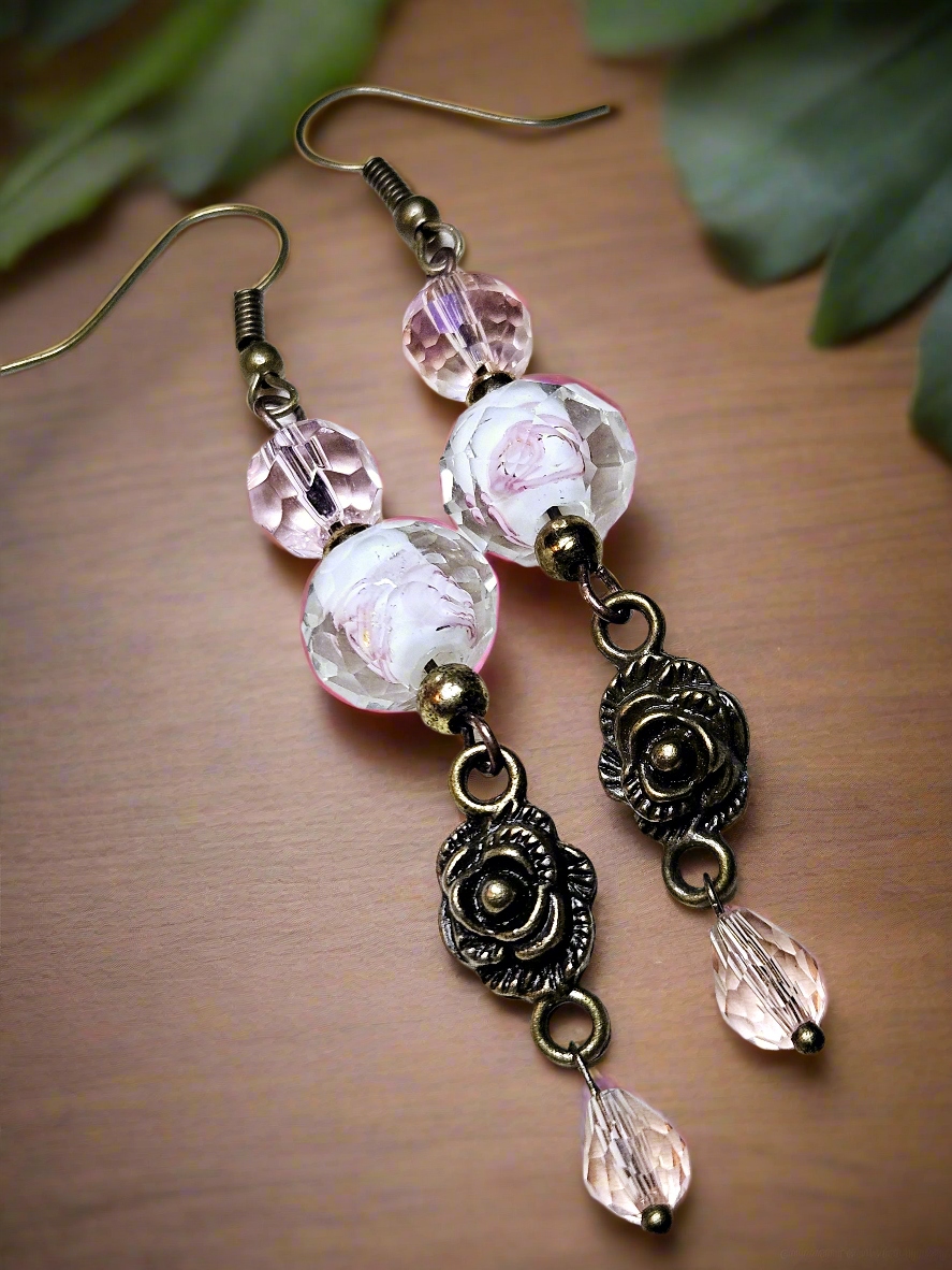 Pink Hidden Flower Crystal Earrings with Antiqued Brass Roses and Crystal Dangles - 3½"
