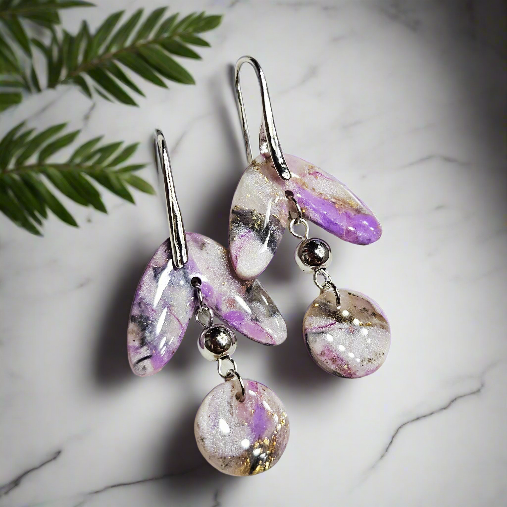 Purple Polymer Clay Marble Dangle Earrings in Silver