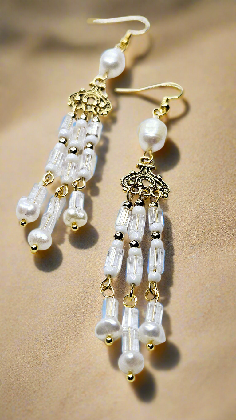 Long Antiqued Gold Chandelier Earrings with White Freshwater Pearls & Glass Dangles - 4"