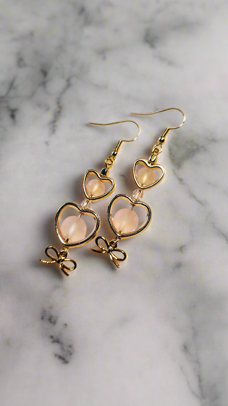 Hollow Gold Heart Earrings with Pale Pink Frosted Glass and Bow Charms Dangles - 2¼"