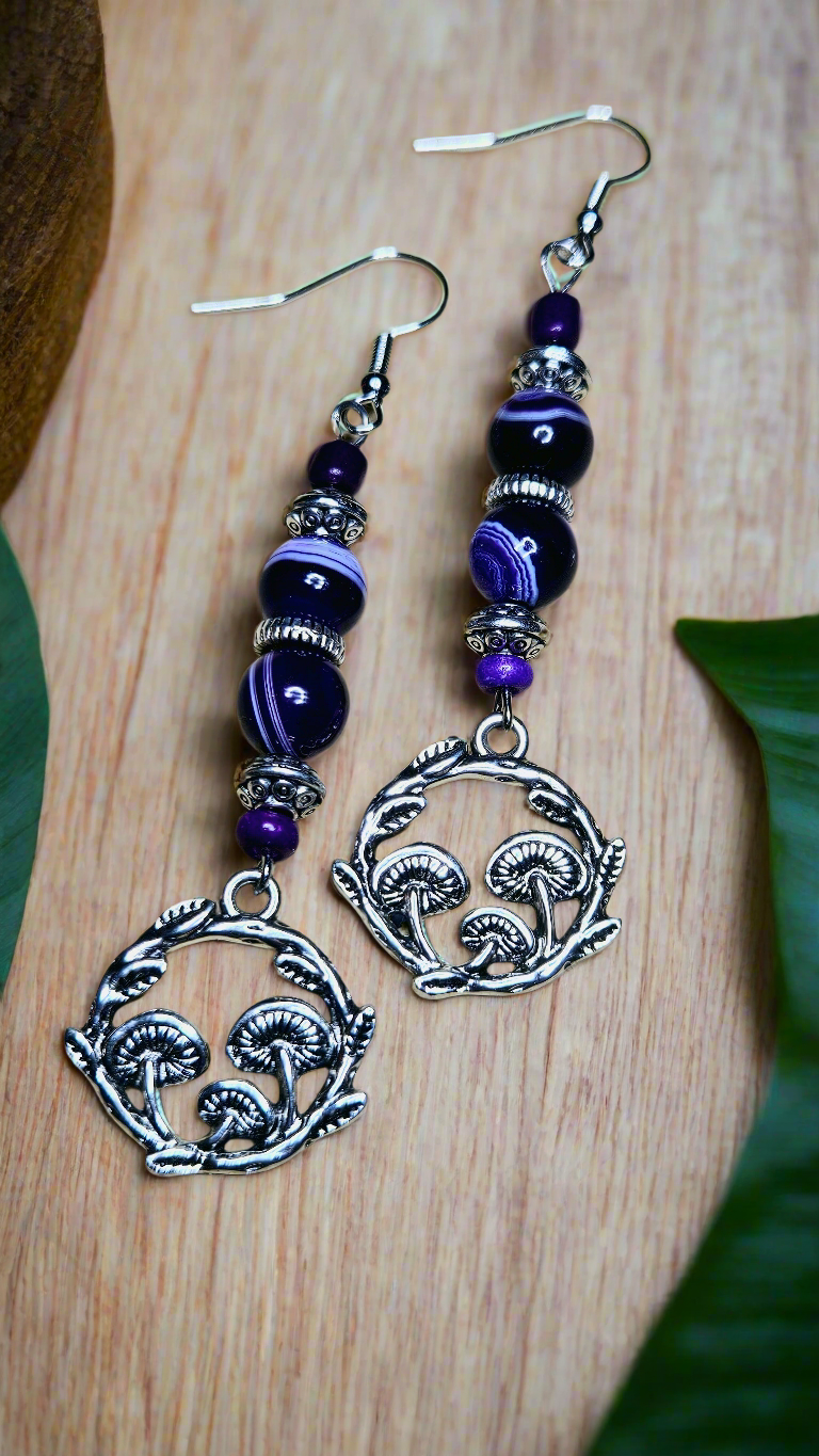 Purple Swirl Mushroom Charm Earrings