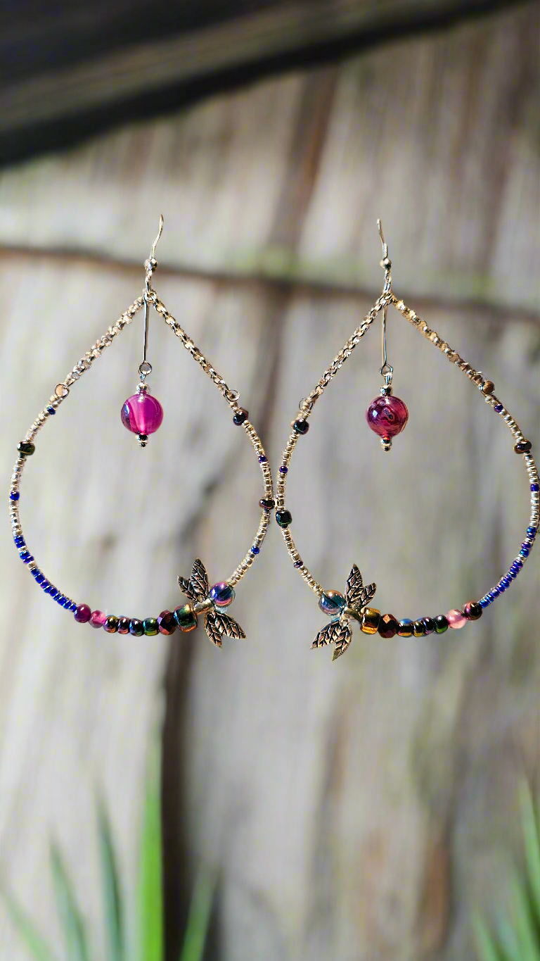 Large Colorful Beaded Dragonfly Teardrop Hoop Earrings