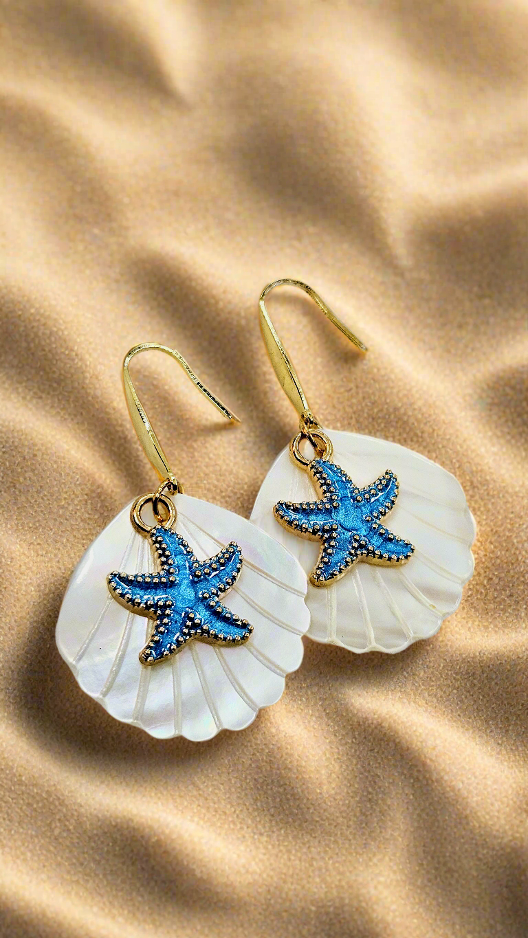 Calming Clams & Blue Starfish: Pearlescent Clam Shells with Blue Starfish Charms Dangle Earrings