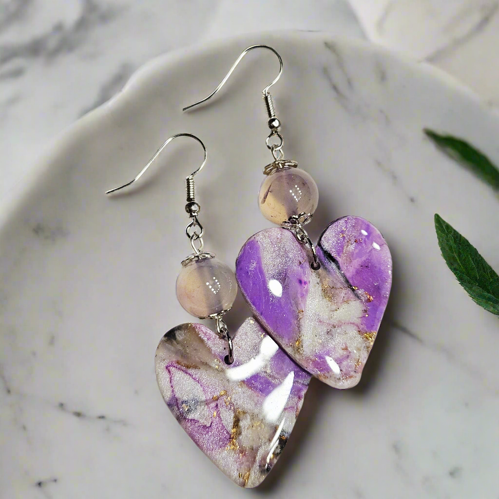 Purple Polymer Clay Marble Heart Dangle Earrings with Light Purple Sheres in Silver