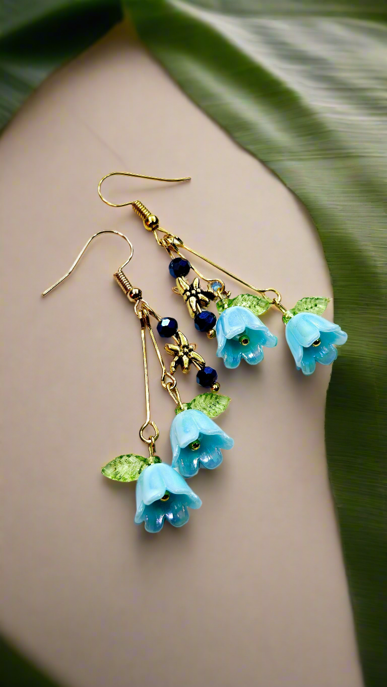 Beloved Blue Bellflowers & Tiny Dragonflies Drop Dangle Earrings