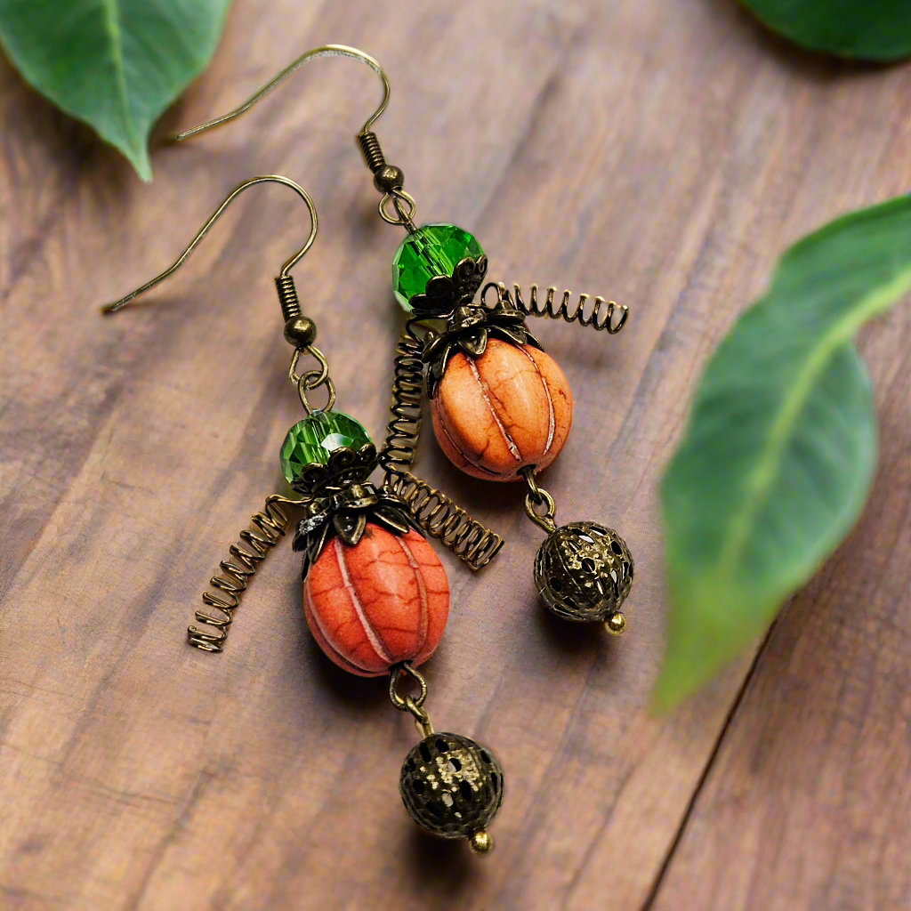 Orange "Pumpkin Men" Earrings with Hollow Brass Dangles