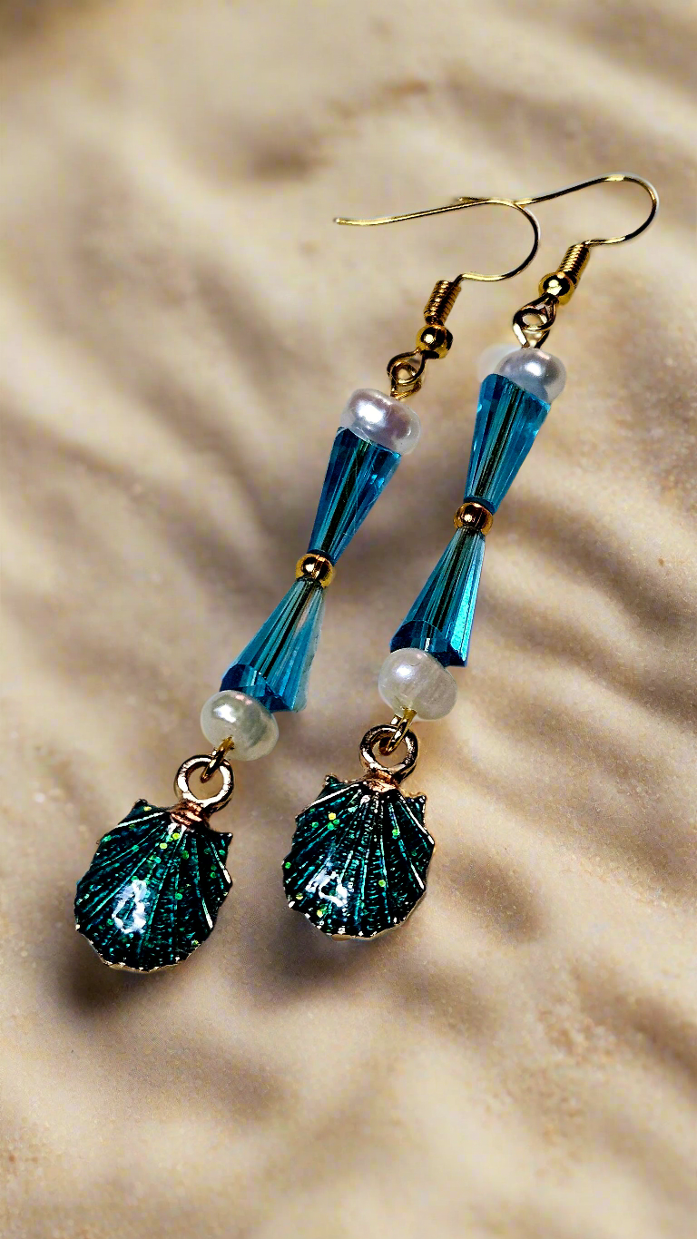 Freshwater Pearl & Blue Cone Earrings with Blue Glittering Seashell Dangles - 3¼"