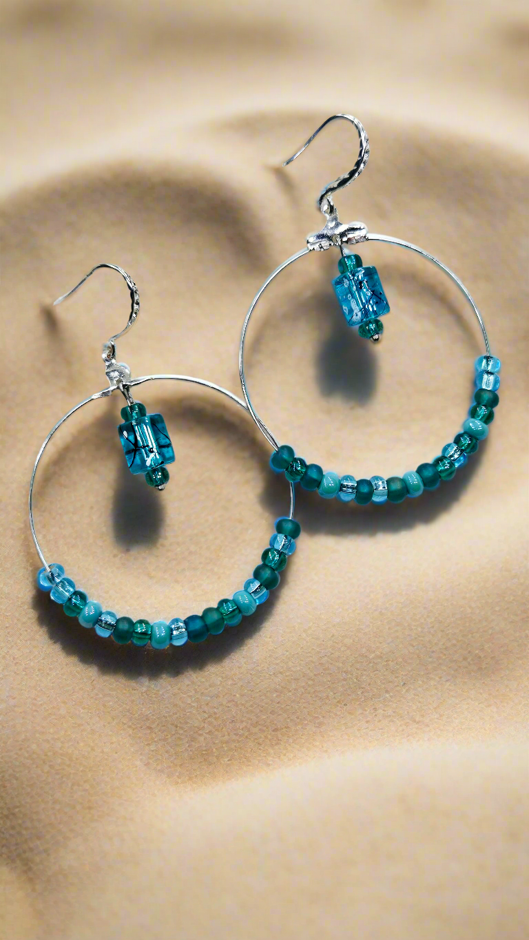 Blue Beaded Hoop Earrings