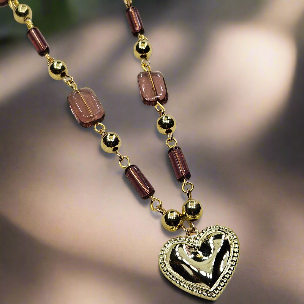 Gold Heart Pendant Necklace with Dark Mauve Glass Beaded Chain