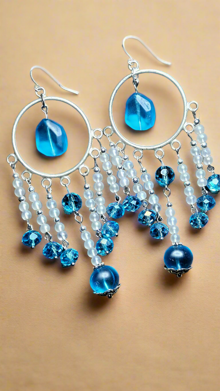 Large Silver Boho Chandelier Earrings with Bright Blue Glass Dangles - 3½"