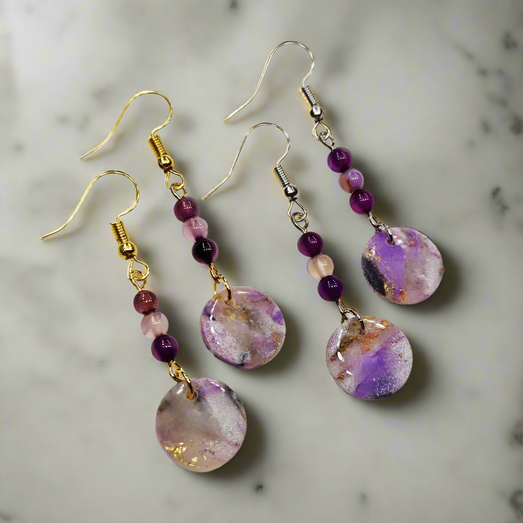 Purple Polymer Clay Marble with Gold Fleck and Polished Purple Stones in Gold or Silver