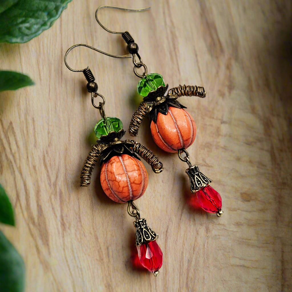 Orange "Pumpkin Men" Earrings with Crystal Teardrop Dangles on Brass