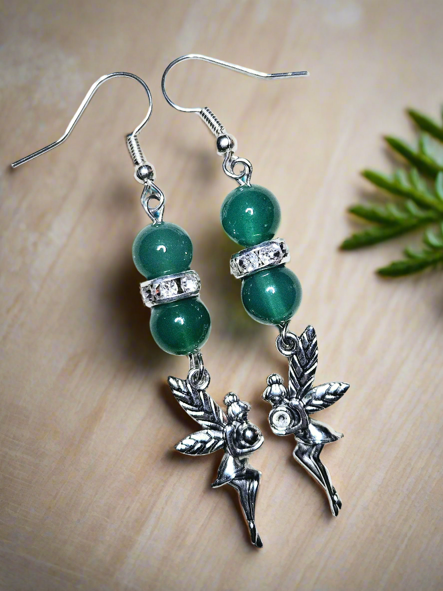 Silver Fairy Dangle Earrings with Green Frosted Glass