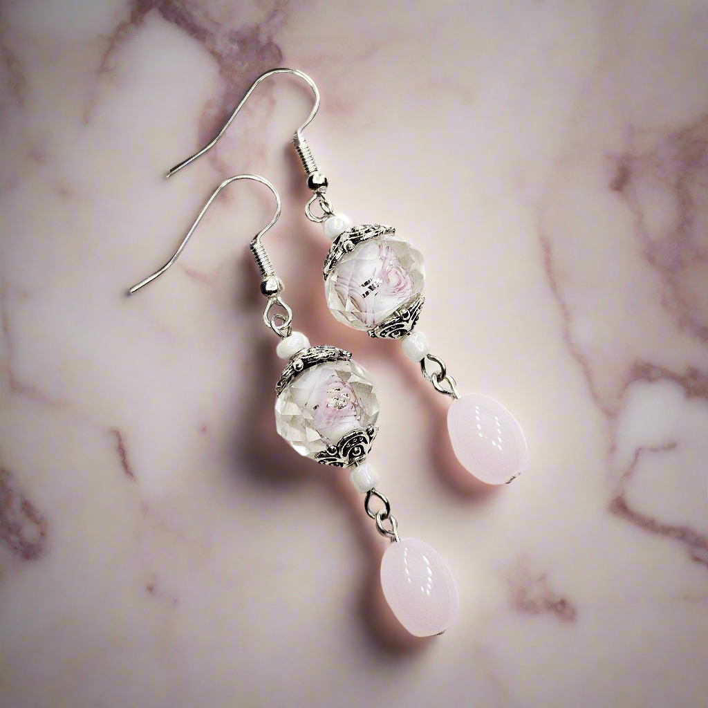 Hidden Flower Crystal Dangle Earrings with Light Pink Oval Glass and Silver Flower Caps - 2¼"