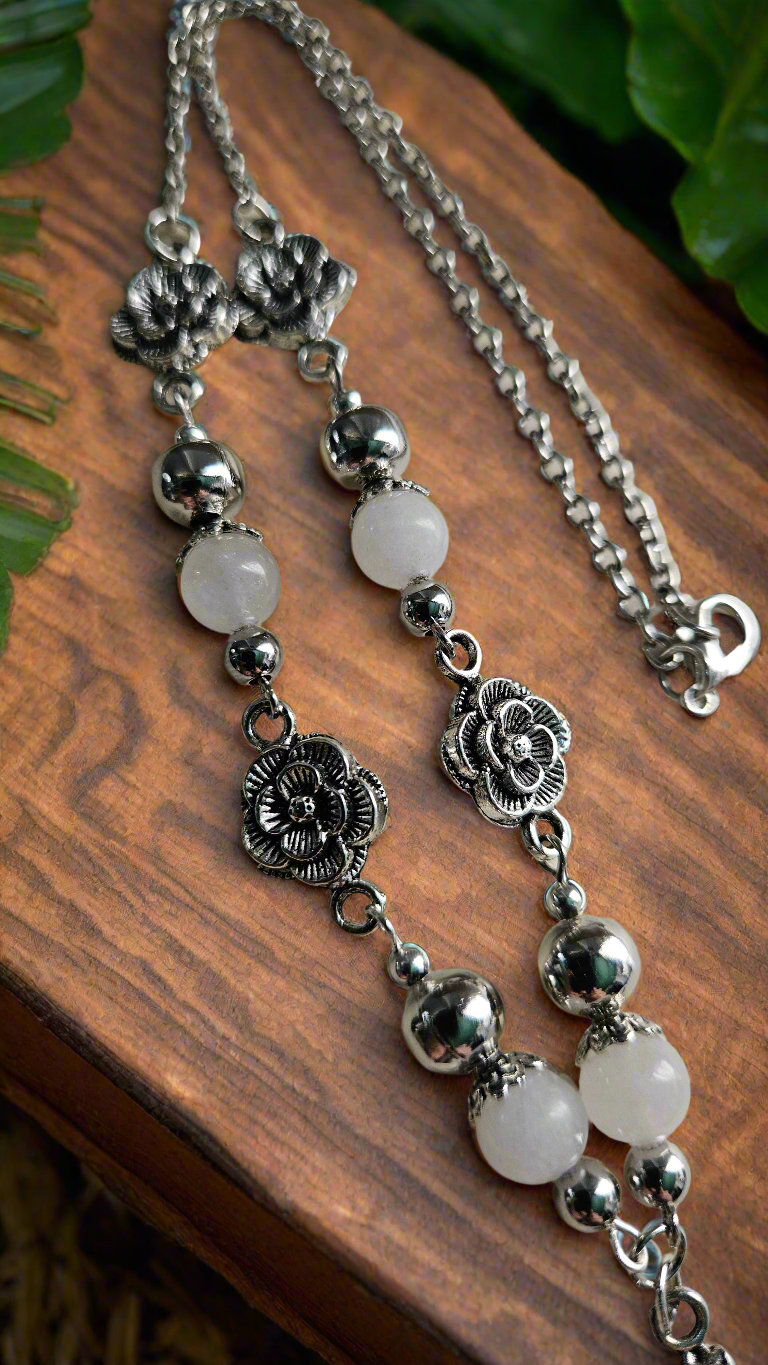 White Glass & Silver Roses Cross Pendant Chain Necklace