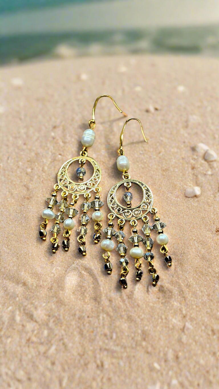 Gold Boho Chandelier Earrings with White Freshwater Pearls & Crystal Dangles - 3½"