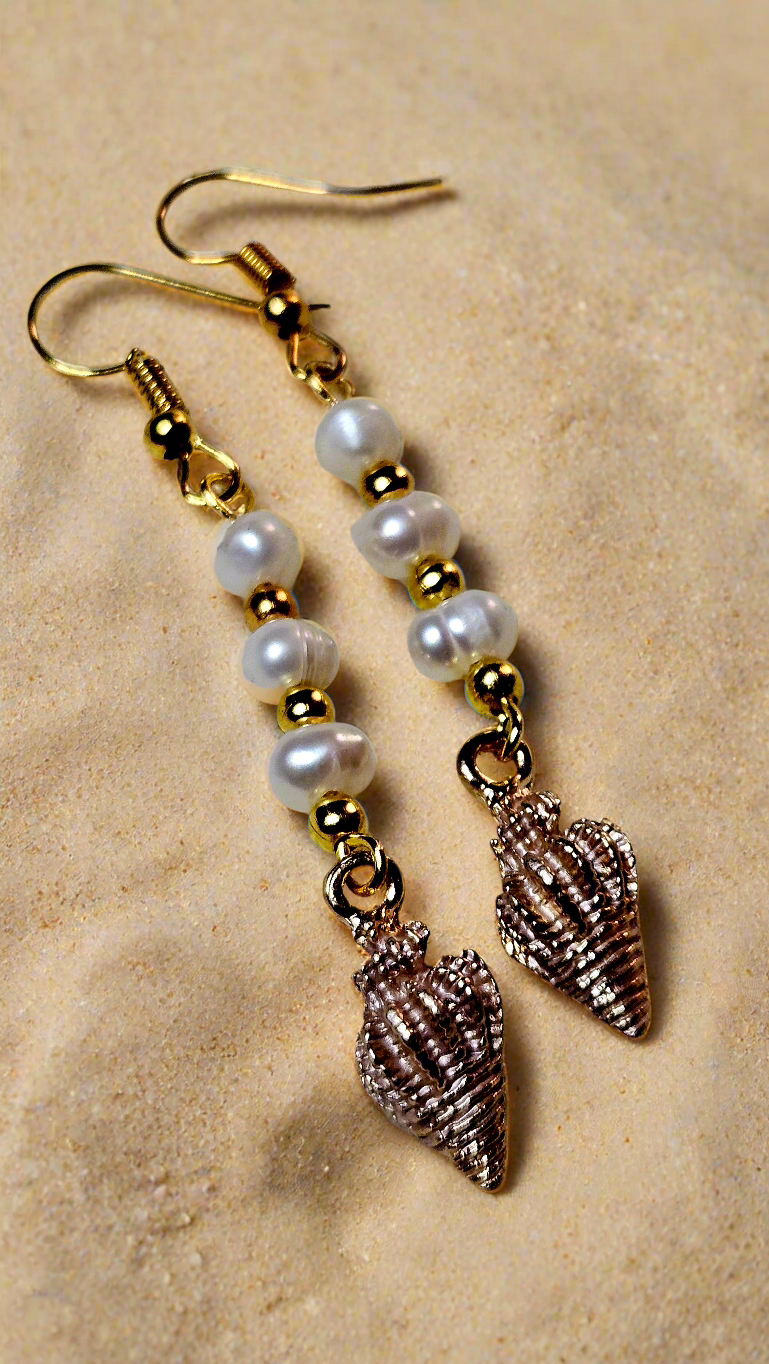 Freshwater Pearl Earrings with Blue or Rose Gold Conch Shell Dangles - 2¾"