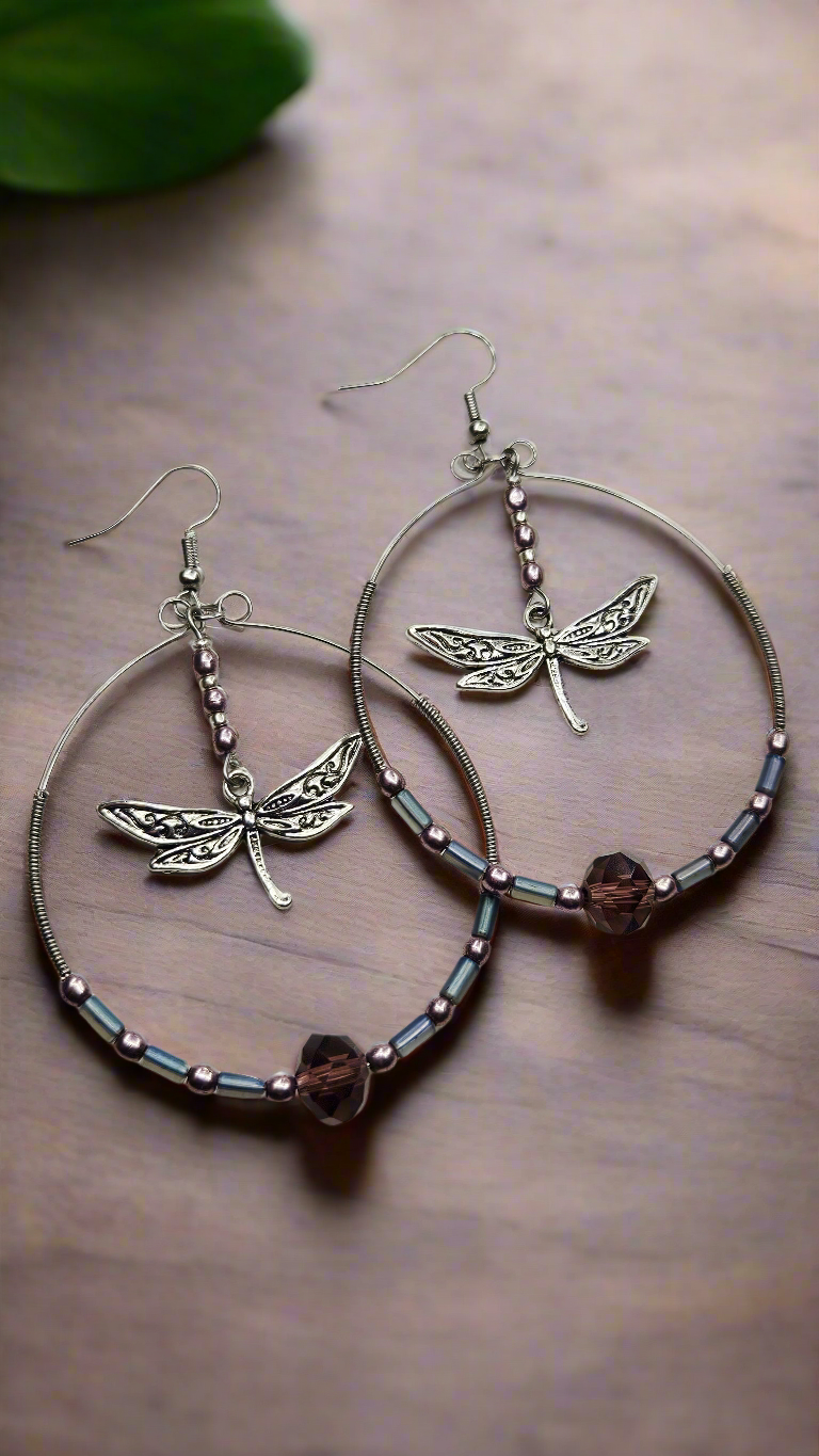 Ornate Silver Dragonflies in Large Silver Wire Wrapped Purple Beaded Hoops Earrings - 3¼"x2½"