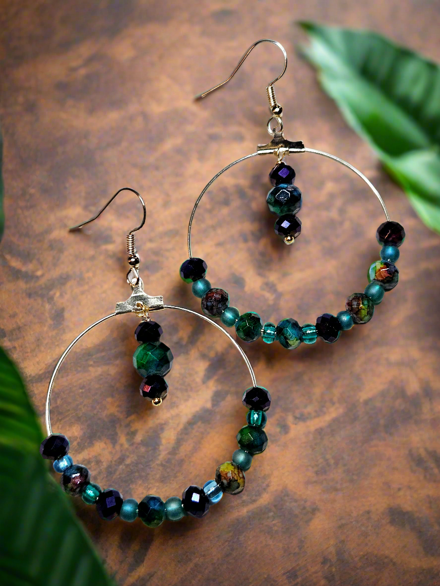 Blue Beaded Hoop Earrings