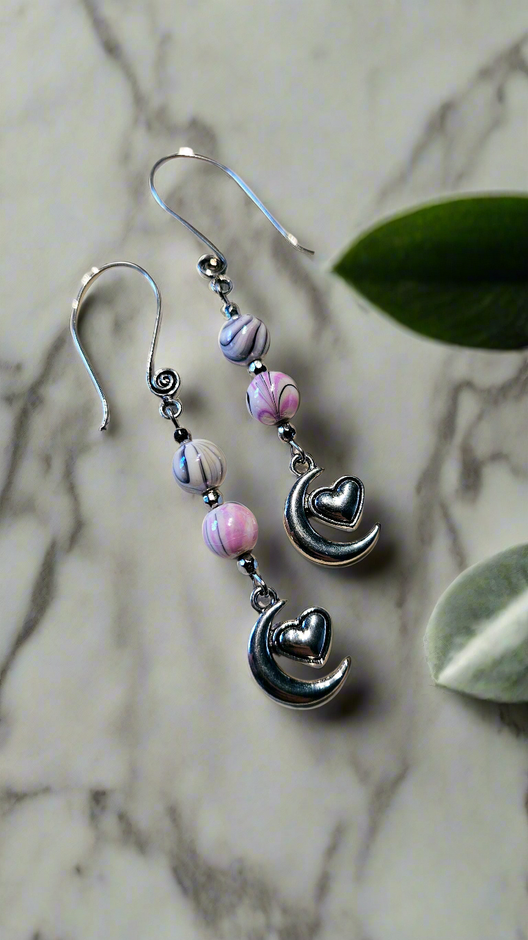 Pink Luna Love Set - Silver Moon-heart Pendant Necklace & Matching Moon-heart Charm Earrings