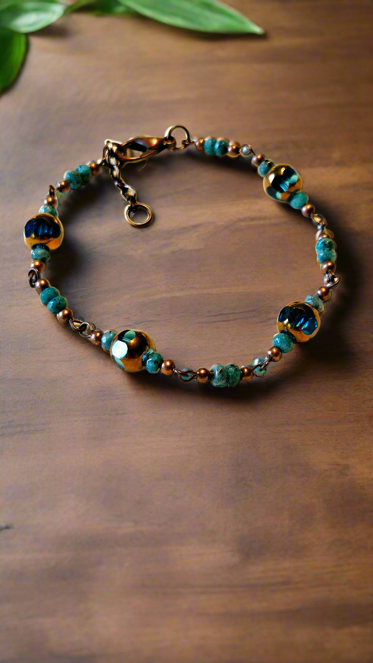 Brassy Blues Set - Pure Brass Dragonfly Charm Earrings & Blue Glass Bracelet