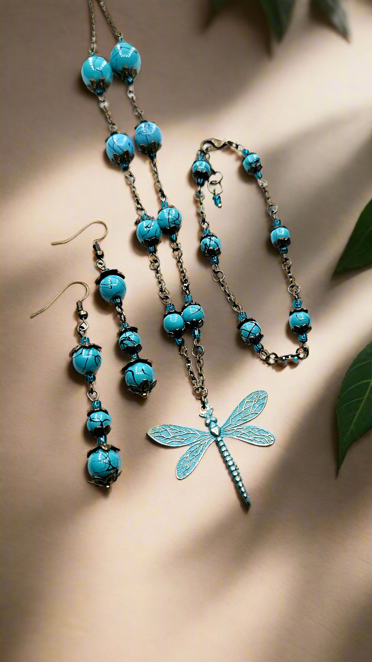 Blues & Brass Dragonfly Set - Pure Brass Dragonfly Pendant with matching Bracelet & Earrings