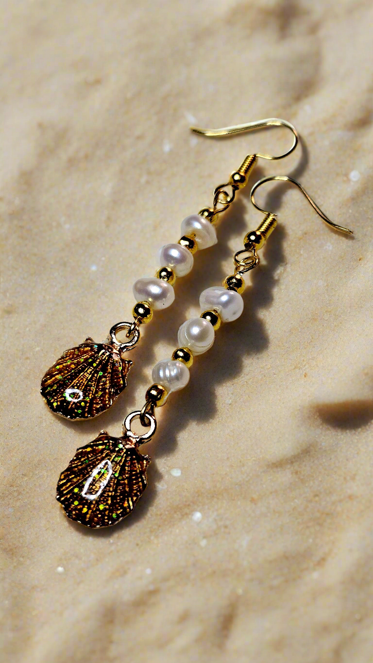 Freshwater Pearl Earrings with Gold Glittering Seashell Dangles - 2¾"