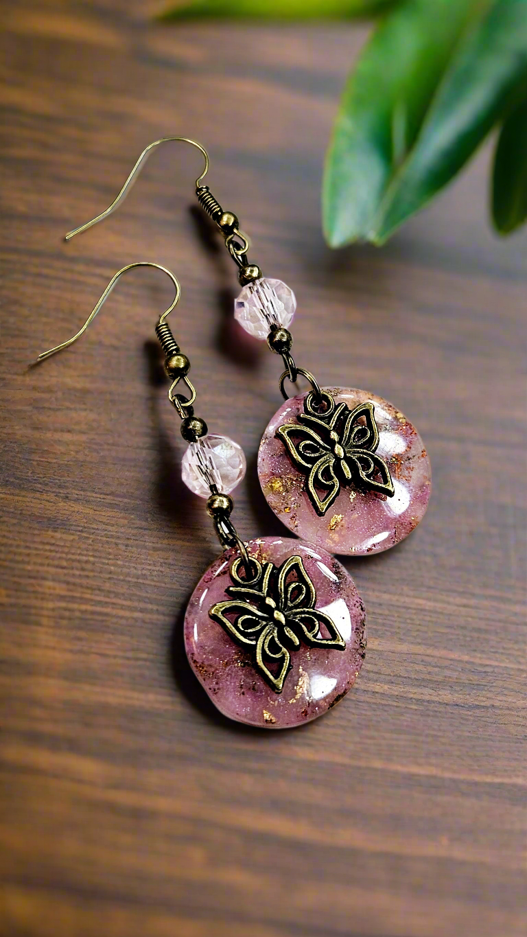 Pink Passion Marbled Clay with Gold Fleck on Bronze Dangle Earrings (2 Styles) - 2½"