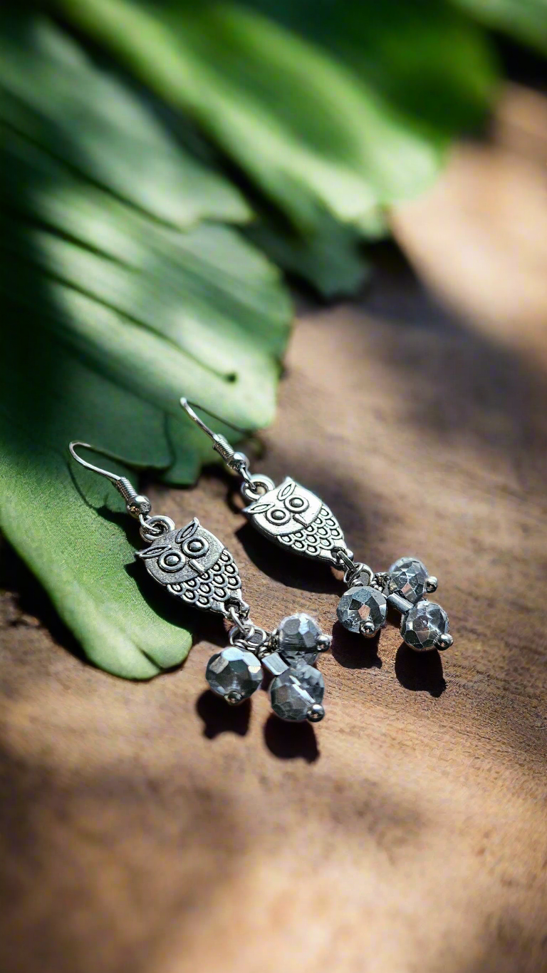 Silver Owl Charm Earrings with Red or Silver Cluster Dangles - 2"