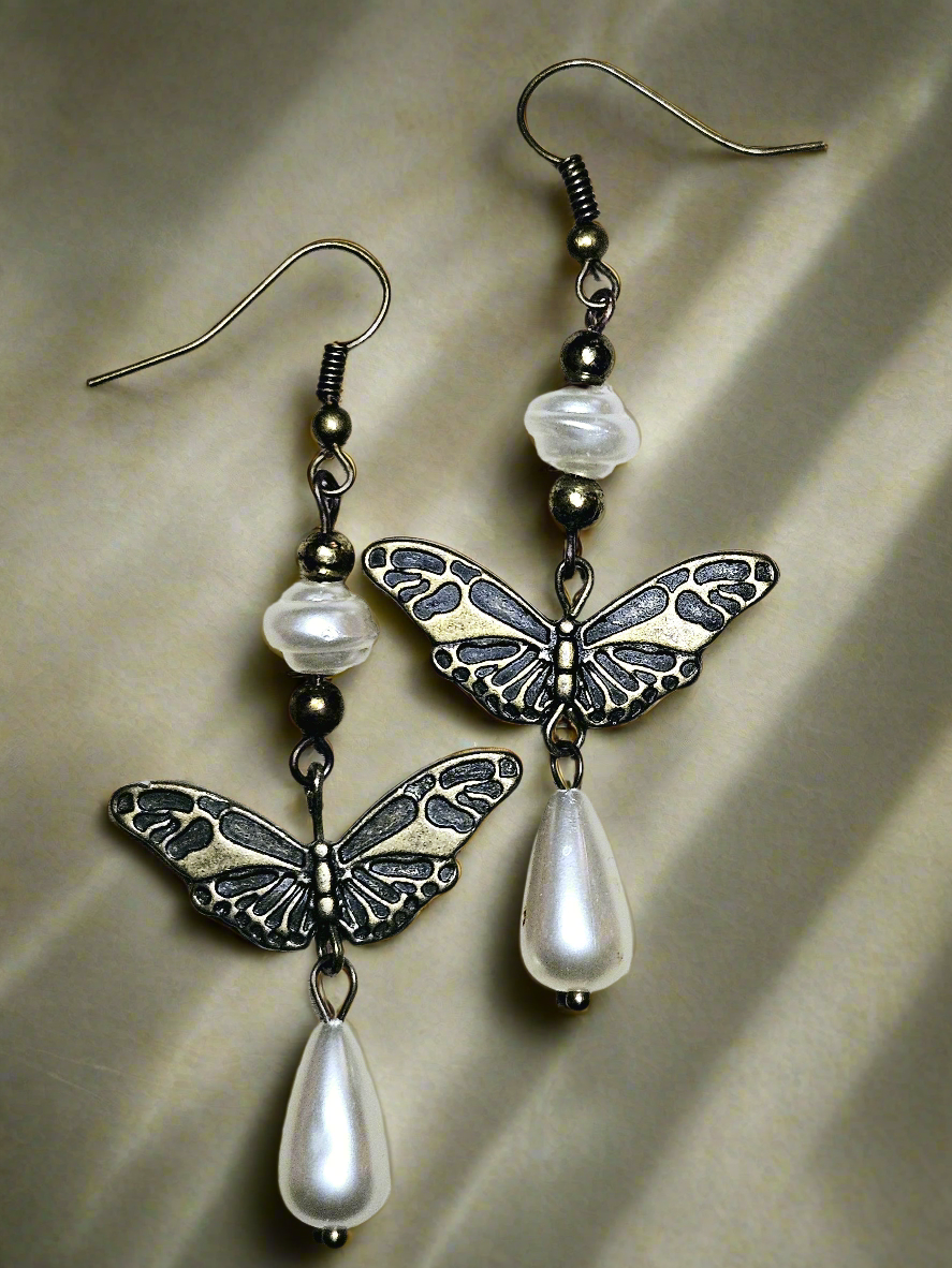 Antiqued Brass Butterfly Earrings with Teardrop Pearl Dangles - 3"