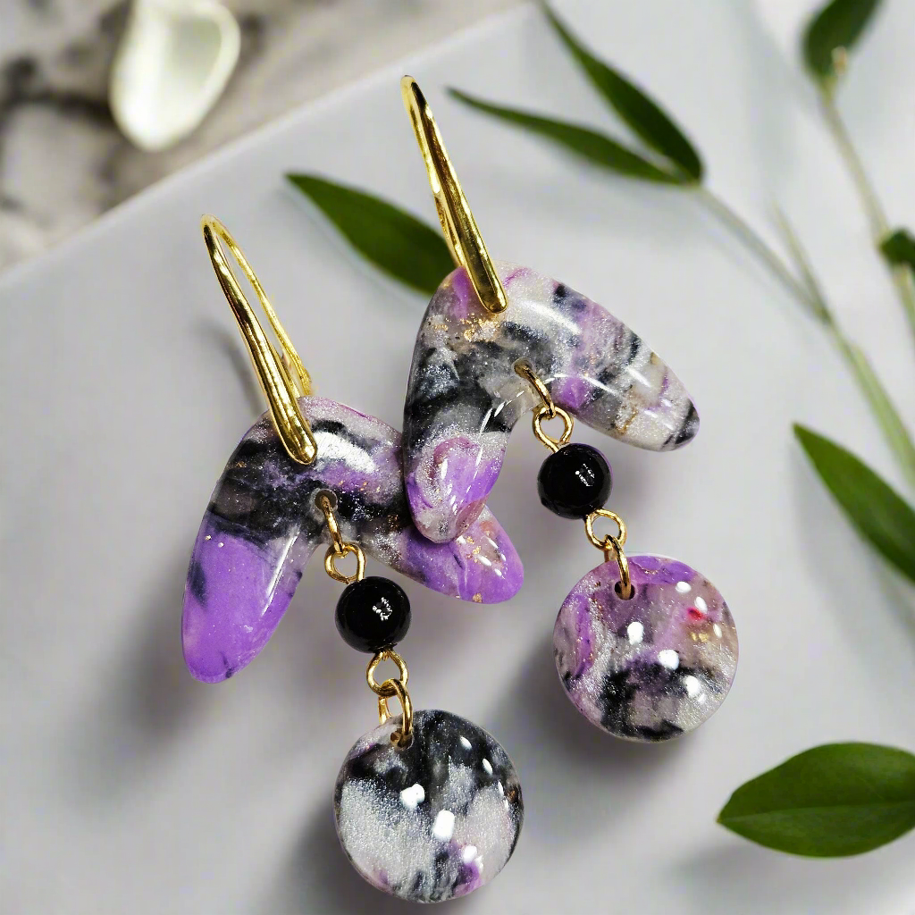 Purple Polymer Clay Marble Dangle Earrings in Gold with black bead