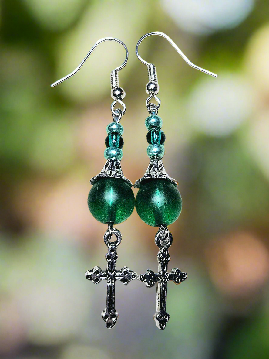 Green Frost Cross Earrings