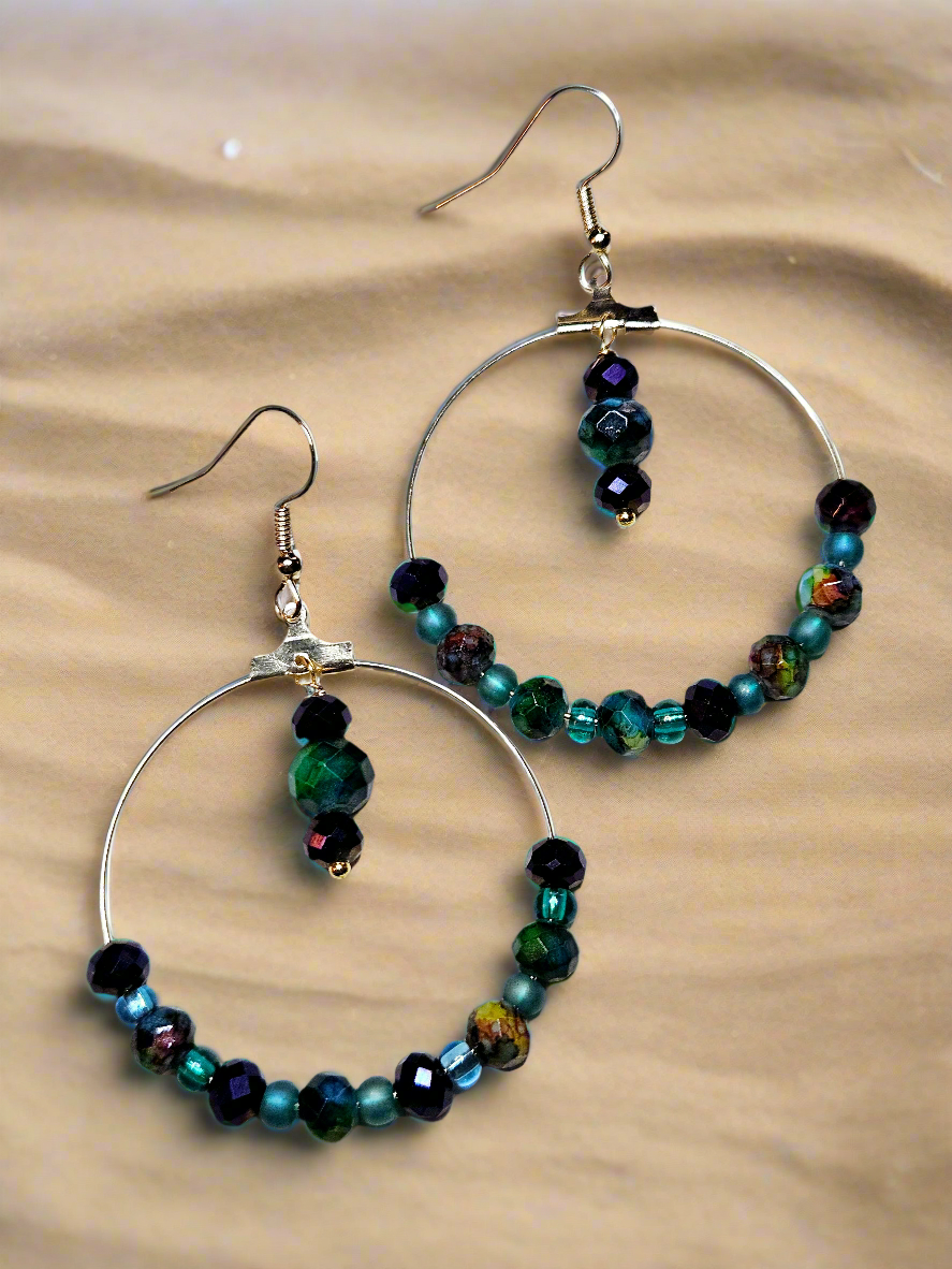 Blue Beaded Hoop Earrings - 2½"