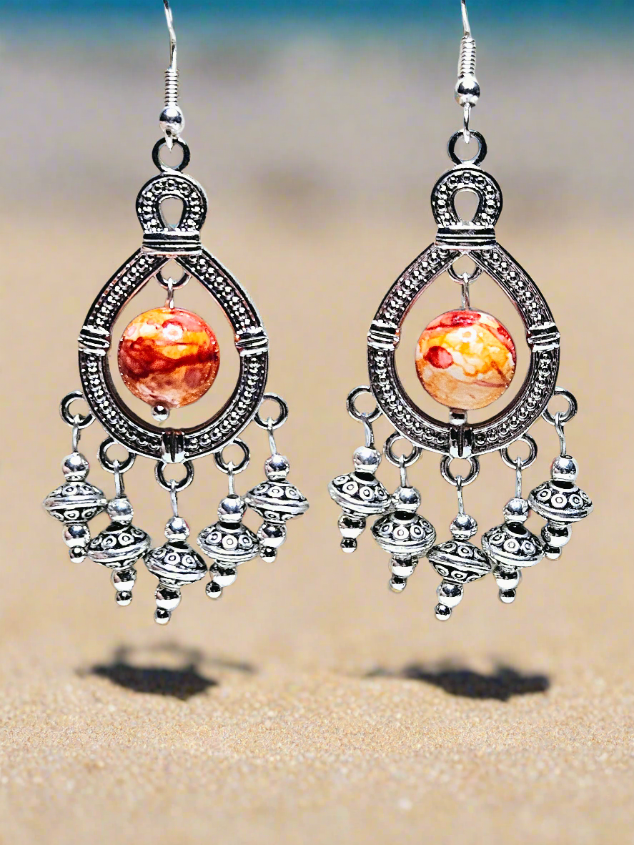 Antiqued Silver Boho Chandelier Earrings with Red & Orange Swirl Center and Silver Dangles - 3"