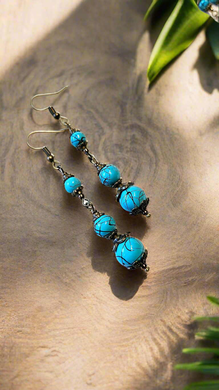 Butterfly Blues Set - Pure Brass Butterfly Pendant Necklace with Turquoise Style Beads & Matching Earrings