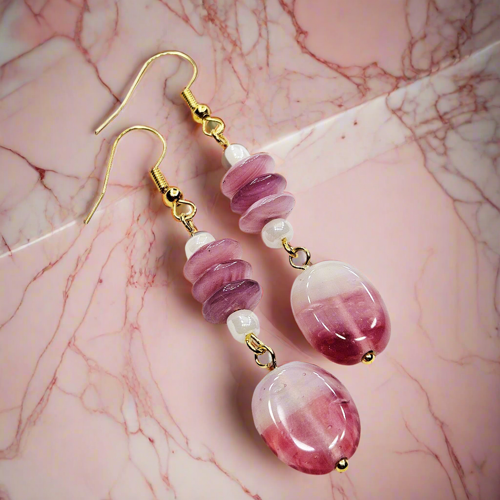Dark Pink & White Swirl Rondelle and Flat Oval Glass Dangle Earrings in Gold - 2½"