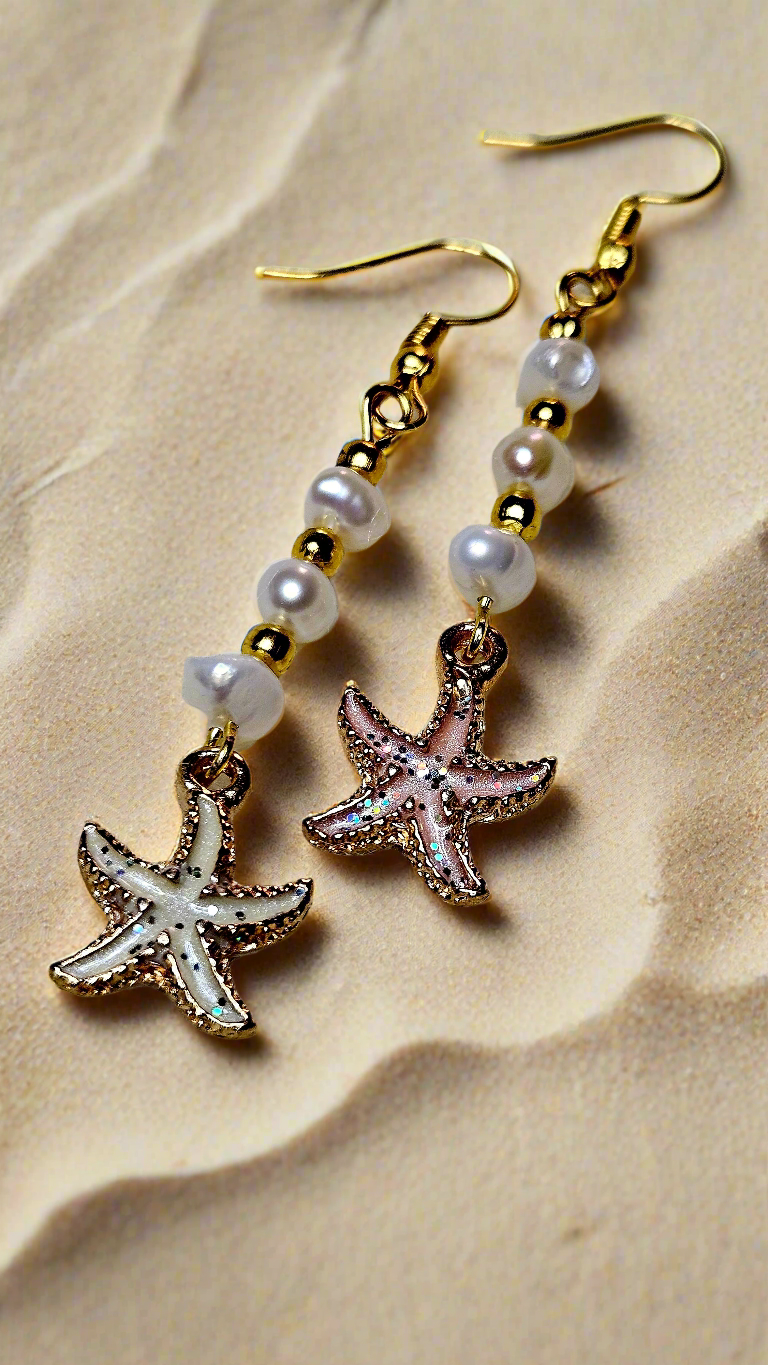 Freshwater Pearl Earrings with Glittering Starfish Dangles - 2¾"