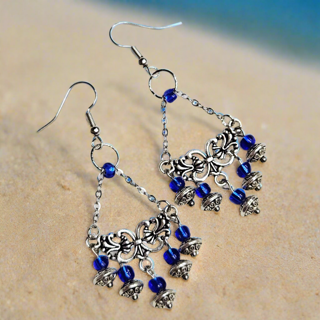 Tibetan Silver Chandelier Earrings on Chain with Blue Dangles
