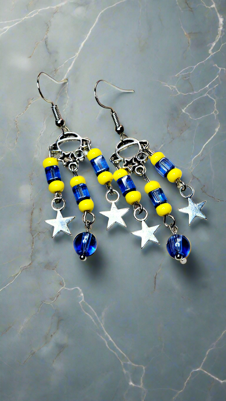 Playful Planet Blue & Yellow Star Charm Dangle Earrings