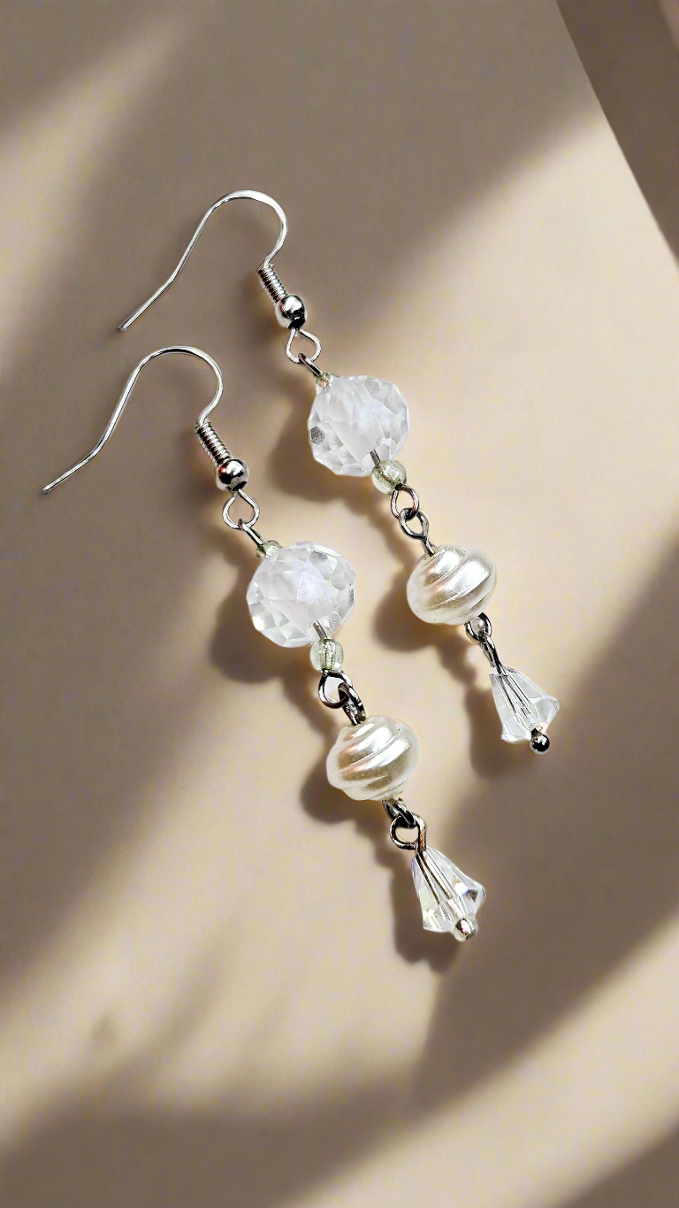 Classy Crystals with Swirling Pearls on Silver Dangle Earrings