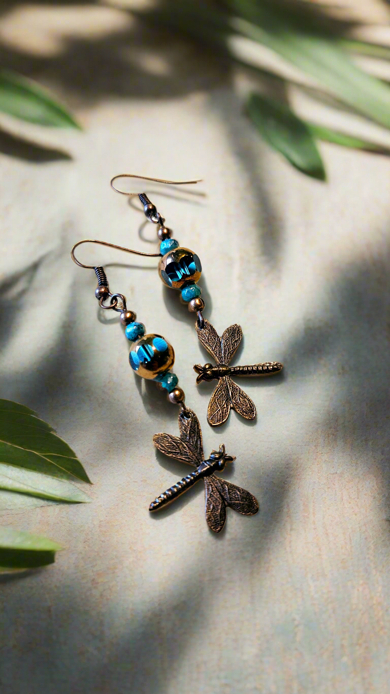 Brassy Blues Set - Pure Brass Dragonfly Charm Earrings & Blue Glass Bracelet