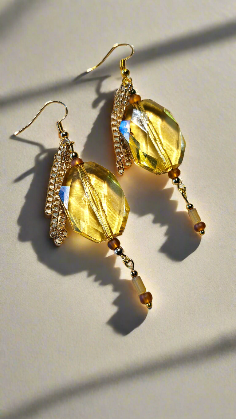 Robust Retro Amber Gems & Chain Dangle Earrings
