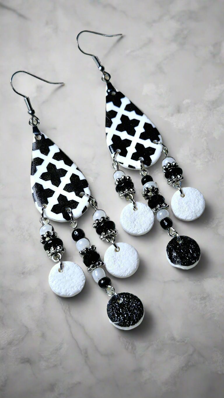 Black & White Teardrop Clay Earrings