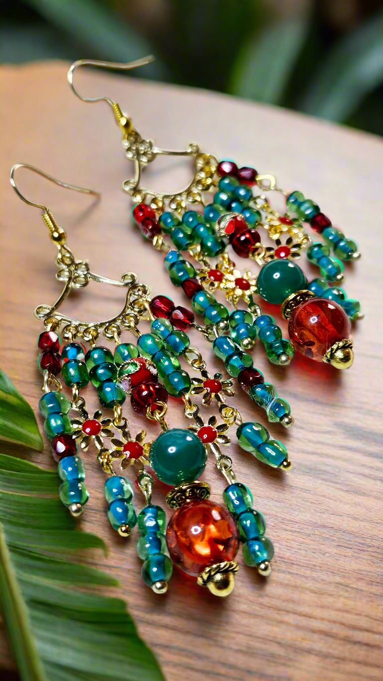 Gold Tibetan Style Chandelier Earrings with Red and Gold Flowers, Emerald Green and Red Glass Dangles - 3½"