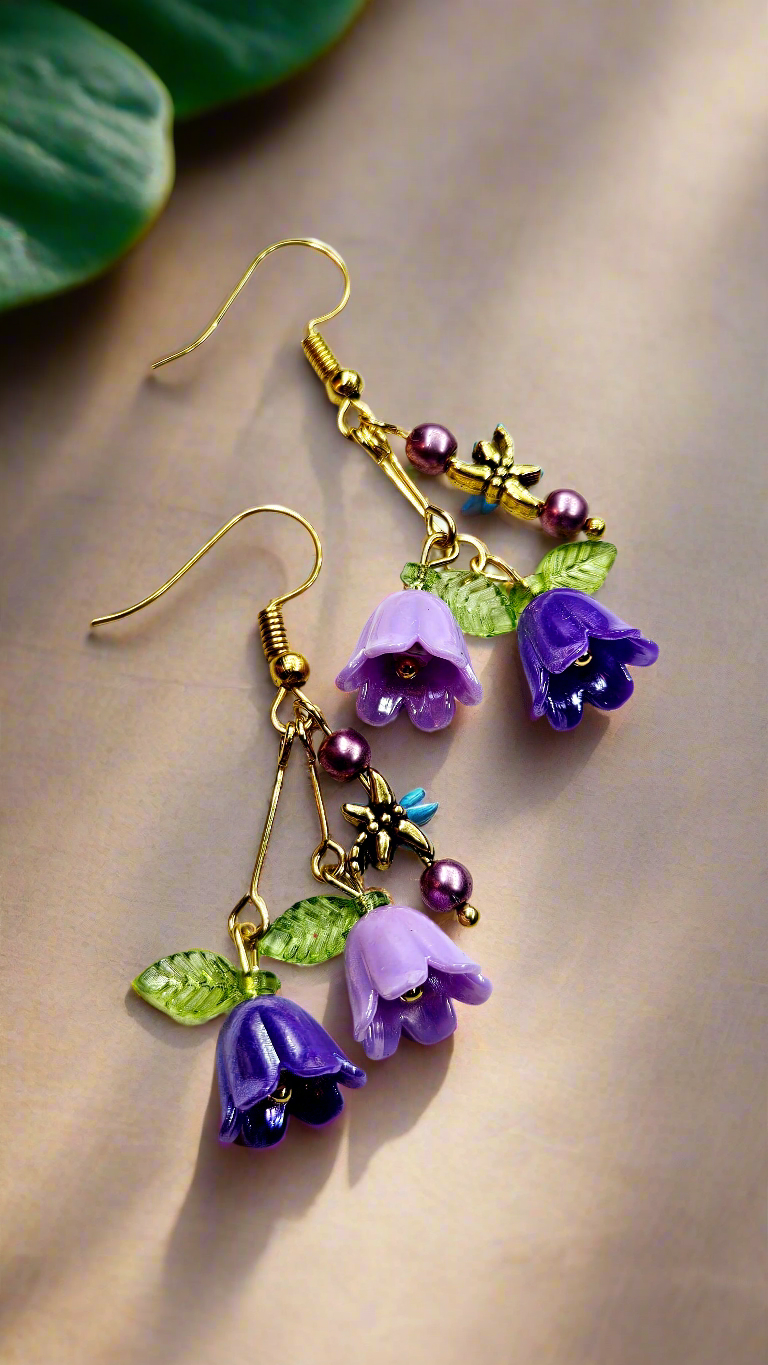 Beloved Purple Bellflowers & Tiny Dragonflies Drop Dangle Earrings(4 Styles)