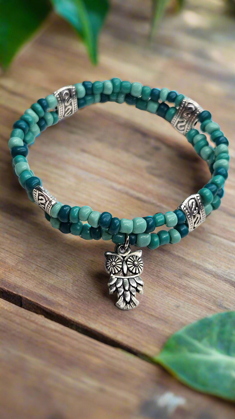 Silver Owl Charm Double Beaded Stretch Bracelet with Turquoise Colored Seed Beads